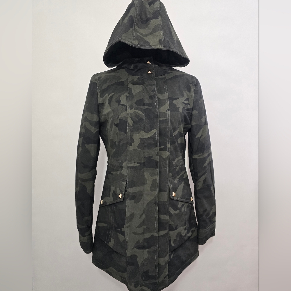 Genuine Leather Camo Military Jacket Women M Hooded Gold Hardware Quilted Lined